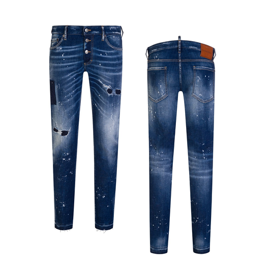 DSQAURED2 SLIM FIT PAINT DISTRESSED JEANS IN NAVY BLUE - The Designer Lounge 