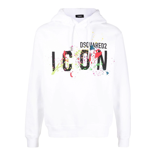 DSQUARED2 ICON SPLATTER HOODIE IN WHITE - The Designer Lounge 